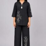Girls' Black Floral Embroidered Short Tunic with Matching Palazzos-70248