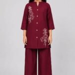 Girls' Wine Floral Embroidered cord set-70249