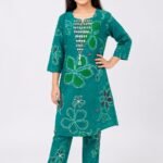 Girls' Teal Green Bandhani Print Straight-Cut Kurta with Mirror Work-70234