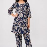 Girls' Navy Blue Printed Kurta & Pant Set with Yoke Detailing-70235