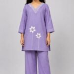 Girls' Lavender Cotton Kurta & Wide-Leg Trouser Co-Ord Set – Floral Embroidery-70244