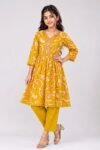 Girls' Mustard Yellow Printed A-Line Kurta Tunic with Scalloped Hem-70223