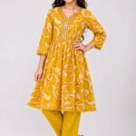 Girls' Mustard Yellow Printed A-Line Kurta Tunic with Scalloped Hem-70223