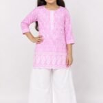Girls' Pink Embroidered Kurta & White Palazzo Set with Scalloped Hem-80905