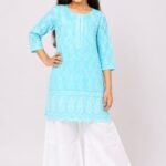 Girls' Sky Blue Embroidered Kurta & White Palazzo Set with Scalloped Hem-80905