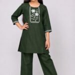 Girls' Dark Green Kurta & Pant Set with White Floral Yoke Embroidery-90147
