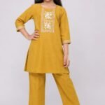 Girls' Mustard Yellow Kurta & Pant Set with White Yoke Embroidery-90146