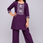 Girls' Purple Kurta & Pant Set with White Floral Yoke Embroidery-90146