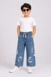 Kids' Casual Graphic Denim Pants with Elastic Waist -B1852