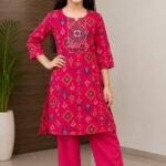 kids' Stylish Cherry Red Embroidered Kurta with White Palazzo Set- 70232