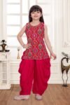 Girls' Hot Pink Zardosi Work Kurta & Patiyala Dhoti Set-5270