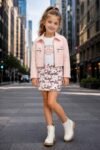 Kids' Designer 3-Piece Pink Jacket and Floral Skirt Set-2592