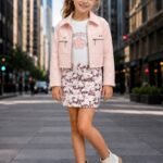 Kids' Designer 3-Piece Pink Jacket and Floral Skirt Set-2592