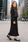 Girls' Black Sequin Crop Jacket and Long Skirt Set with Faux Fur Trim-2610 - Image 3