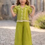 Girls' Lime Green Embroidered Top and Wide-Leg Pants Set-2966