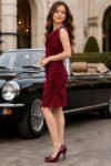 Girls' Maroon Ruched Party Dress with Cowl Neck-9602 - Image 2