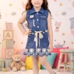 Girls' Blue Denim Dress with White Lace Hem and Bow Clip-5074