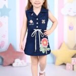 Girls' Blue Denim Single-Piece Frock with Floral Patch Work-5068
