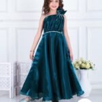 Girls' Peacock Green One-Shoulder Party Gown with Bow Accent  -G2593