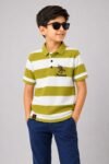 Boys' Striped Polo T-Shirt in Pista Green and White-5496