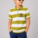 Boys' Striped Polo T-Shirt in Pista Green and White-5496