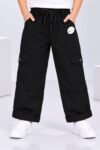 Kids Stylish Black Cotton Cargo Pants with Drawstring #3265