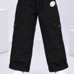 Kids Stylish Black Cotton Cargo Pants with Drawstring #3265