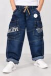 Kids Stylish Blue Denim Cargo Pants with Drawstring #3231