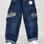 Kids Stylish Blue Denim Cargo Pants with Drawstring #3231