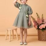 Girls Elegant Olive Green Floral-Accented Party Dress #22072