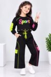 Girls Stylish Black & Neon "Sport" Print Crop Top and Cargo Pants Co-Ord Set #4491