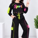 Girls Stylish Black & Neon "Sport" Print Crop Top and Cargo Pants Co-Ord Set #4491