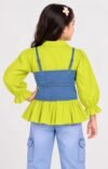 Girls Stylish Lime Green Shirt with Denim Jacket Overlay #4600 - Image 2