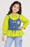 Girls Stylish Lime Green Shirt with Denim Jacket Overlay #4600