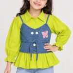 Girls Stylish Lime Green Shirt with Denim Jacket Overlay #4600