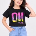 Girls Stylish Black "OH COOL" Melt-Effect Graphic Crop Top #4518