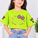 Girls Cute Parrot Green Character Applique Crop Top #4598
