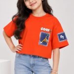 Girls Stylish Orange "GOOF" Patch Graphic Crop Top