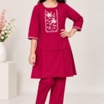 Girls Elegant Rani Pink Kurti with Matching Pant Set #90147