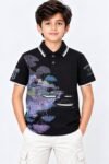 Boys' Artistic Scenic Print Black Polo T-Shirt #5498