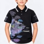 Boys' Artistic Scenic Print Black Polo T-Shirt #5498