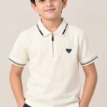 Boys' Off-White Half-Zip Textured Polo T-Shirt #957