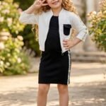 Girls' Black Ribbed Dress & White Bomber Jacket Set #6843