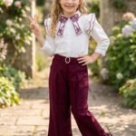 Girls' Embroidered Collar Blouse & Maroon Trouser Set#6823