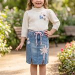 Girls' Ribbed Turtleneck Top & Denim Skirt Outfit Set #6862