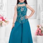 Girls' Turquoise Blue Floral Embroidered Peplum Tunic & Palazzo Set #3178
