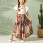 Girls' Off-White Collared Top & Brown Ethnic Printed Maxi Skirt Set #21186